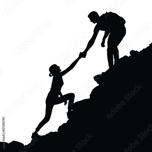 a man helping to other to climbing the mountain vector silhouette