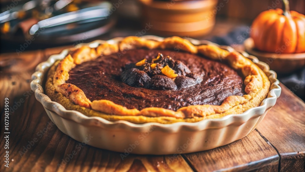 A rustic chocolate pie with a flaky crust and a hint of orange on a wooden table A rustic chocolate pie with a flaky crust and a hint of orange on a wooden table
