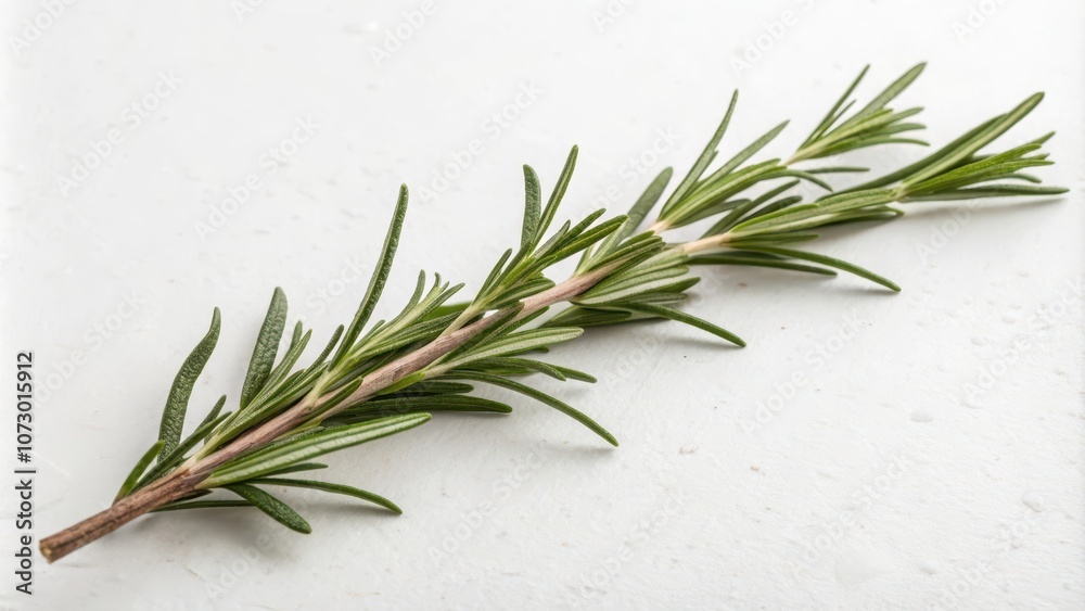 A sprig of rosemary with vibrant green leaves against a plain white background A sprig of rosemary with vibrant green leaves against a plain white background