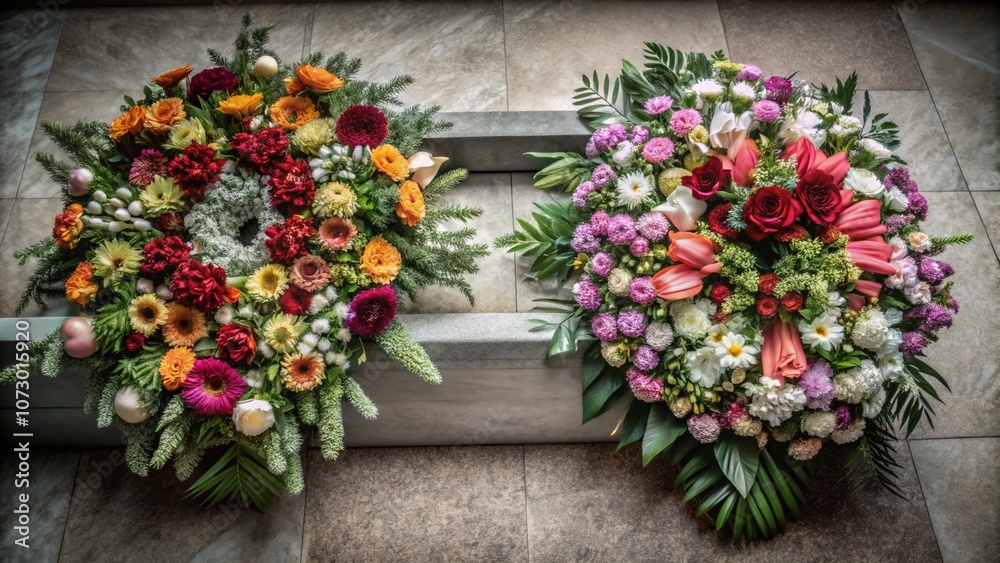 Fototapeta premium Aerial View of Colorful Floral Arrangements for Memorials and Funerals with Lush Greenery, Celebrating Life and Remembrance in a Serene Outdoor Setting