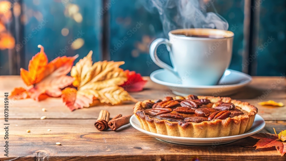 A Rustic Autumnal Table Setting with a Warm Pecan Pie and Steaming Cup of Coffee A Rustic Autumnal Table Setting with a Warm Pecan Pie and Steaming Cup of Coffee