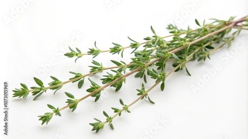 Fresh sprigs of thyme on a white background, showcasing the herb's delicate green leaves and slender stems.