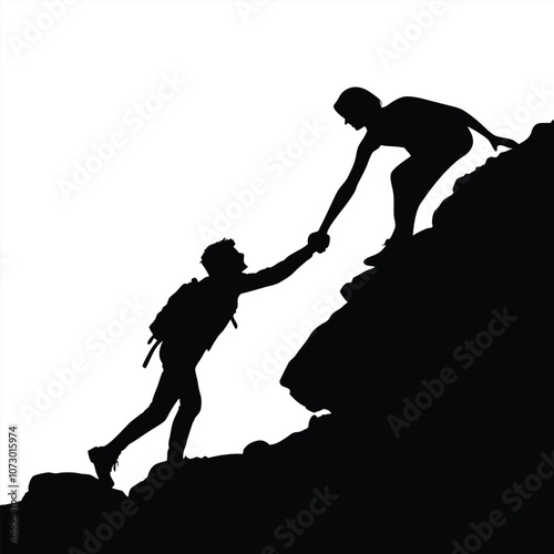 a man helping to other to climbing the mountain vector silhouette