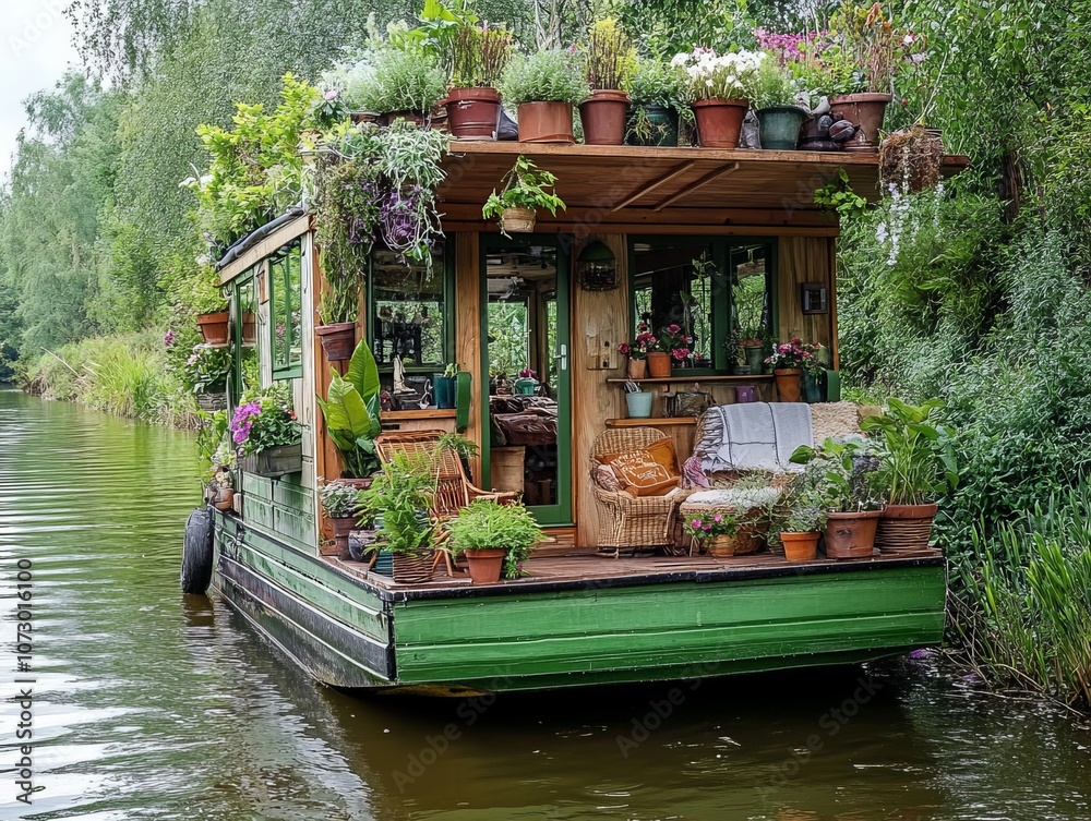 Obraz premium Charming green tiny houseboat surrounded by nature, adorned with flowers and cozy seating