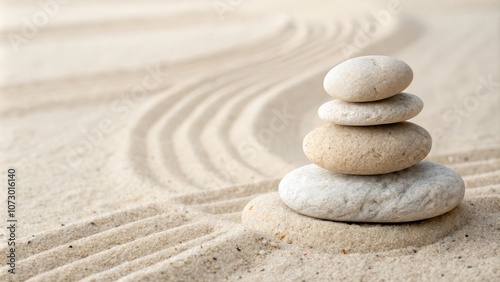 A Stack of Smooth Stones Resting on a Bed of Fine Sand With Intricately Raked Lines, Creating a Serene and Tranquil Scene