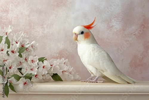 A bejeweled cockatiel standing gracefully beside delicate flowers in a soft, serene environment photo