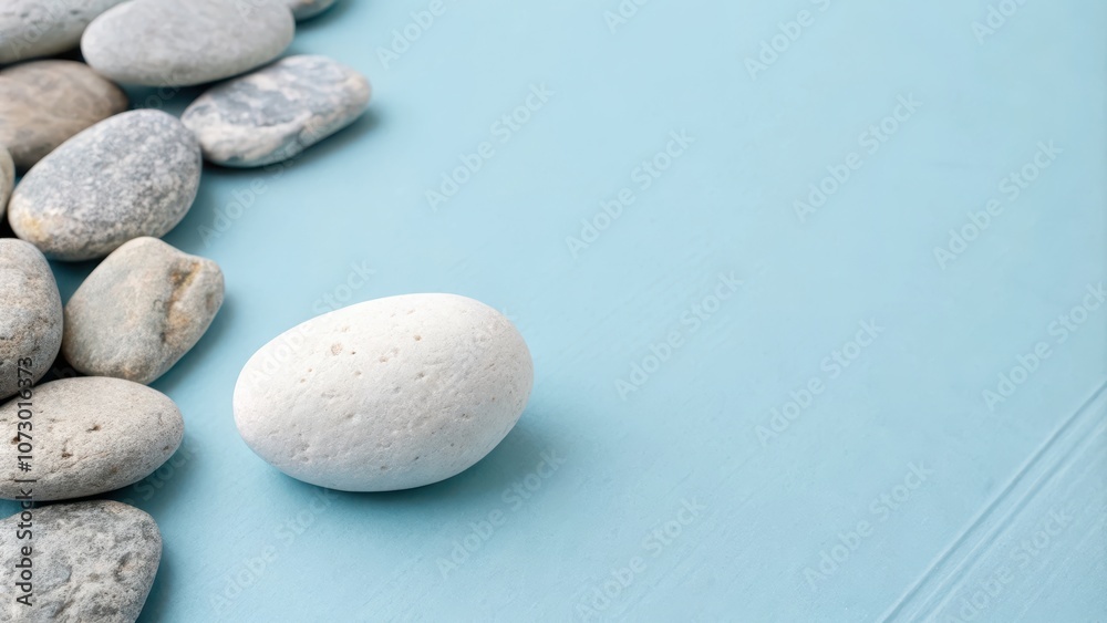 A single white stone stands out against a background of gray stones on a blue surface.