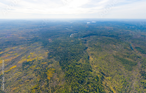 Bazhukovo, Russia. River Serga. Autumn landscape. Deer streams. Nature park in a wooded area, famous for its rich flora. Aerial view photo