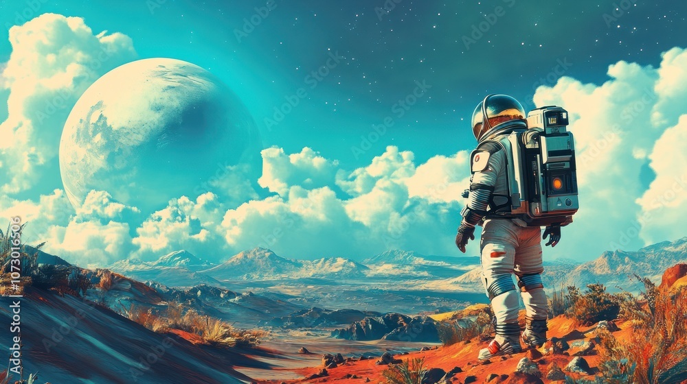 An astronaut stands on an alien planet, gazing at a giant, blue planet in the sky. An astronaut stands on an alien planet, gazing at a giant, blue planet in the sky.
