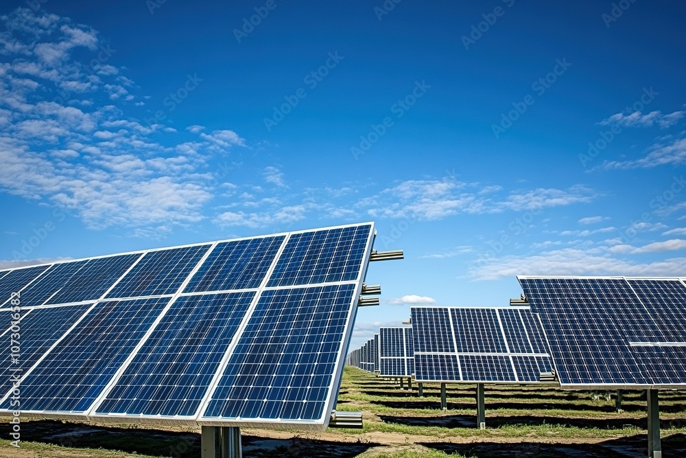Solar panels in field under blue sky. Solar panels in field under blue sky.