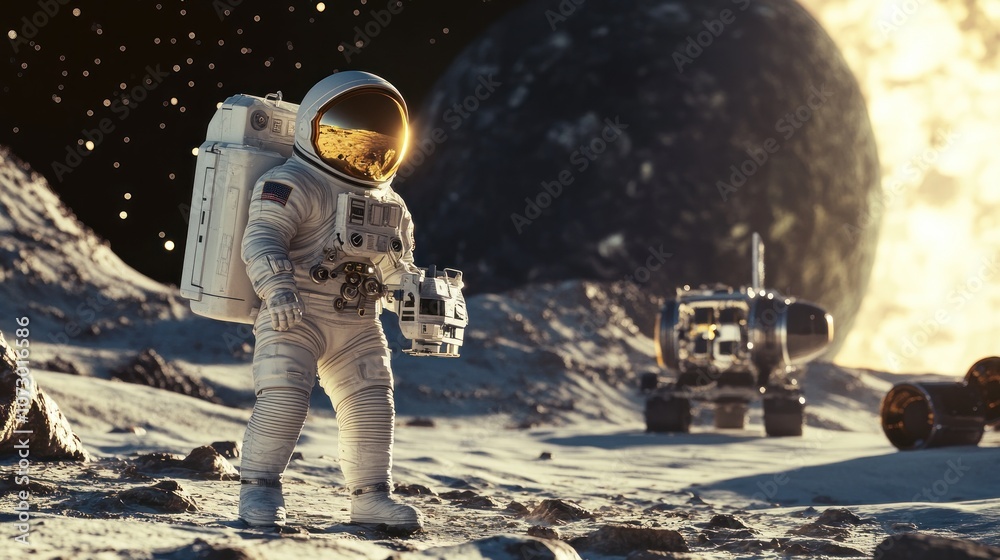 Obraz premium An astronaut walks on a desolate, rocky moon-like surface with a spaceship in the background and a fiery sun in the distance.
