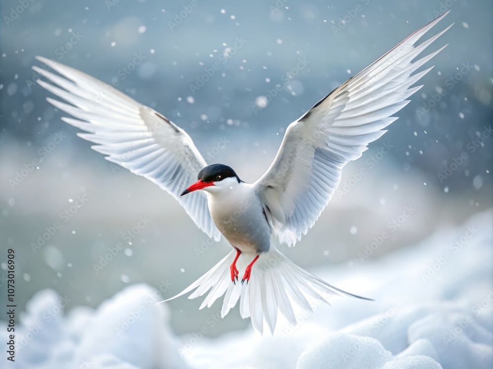 Fototapeta premium Vibrant Arctic Tern in Flight: Capturing the Beauty of a Rare Bird Against the Icy Landscape of the Arctic Tundra with Stunning Detail and Elegance