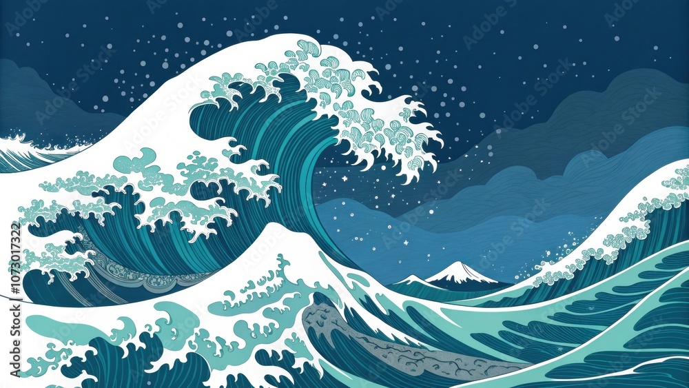 A Gigantic Wave Rolls Across a Starry Night Sky, With Mountains Visible in the Distance A Gigantic Wave Rolls Across a Starry Night Sky, With Mountains Visible in the Distance