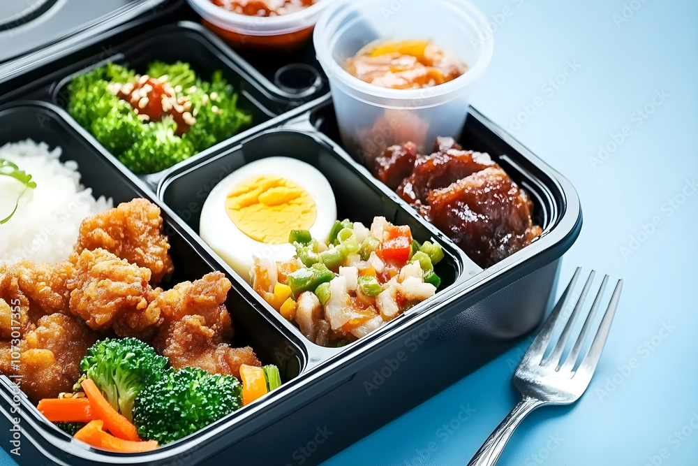 Colorful bento box meal with fried chicken, broccoli, rice, hard-boiled egg, mixed vegetables, and side dishes, served on a blue background Colorful bento box meal with fried chicken, broccoli, rice, hard-boiled egg, mixed vegetables, and side dishes, served on a blue background