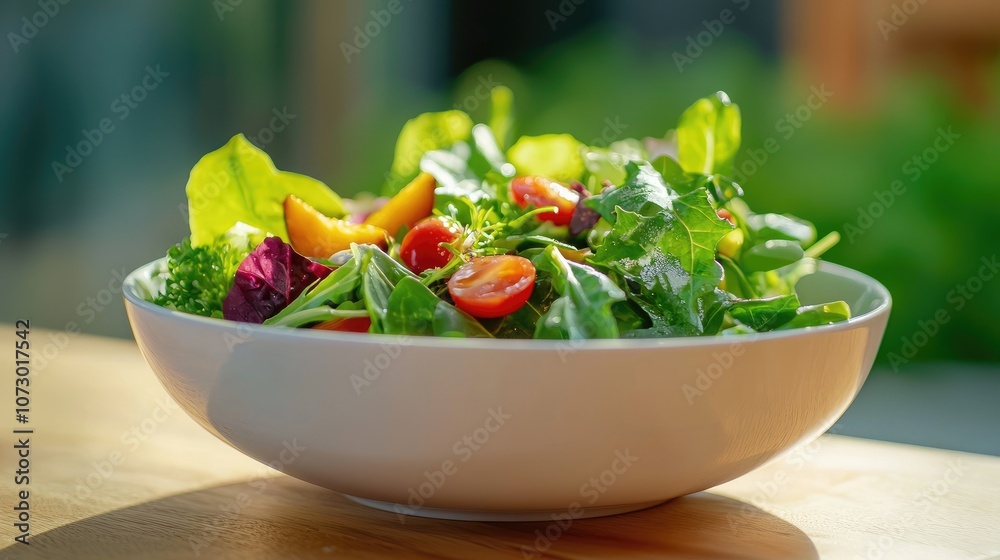 Fresh and Colorful Salad in a White Bowl with Vibrant Greens, Cherry Tomatoes, and Healthy Ingredients, Perfect for Healthy Living and Clean Eating Lifestyle Fresh and Colorful Salad in a White Bowl with Vibrant Greens, Cherry Tomatoes, and Healthy Ingredients, Perfect for Healthy Living and Clean Eating Lifestyle