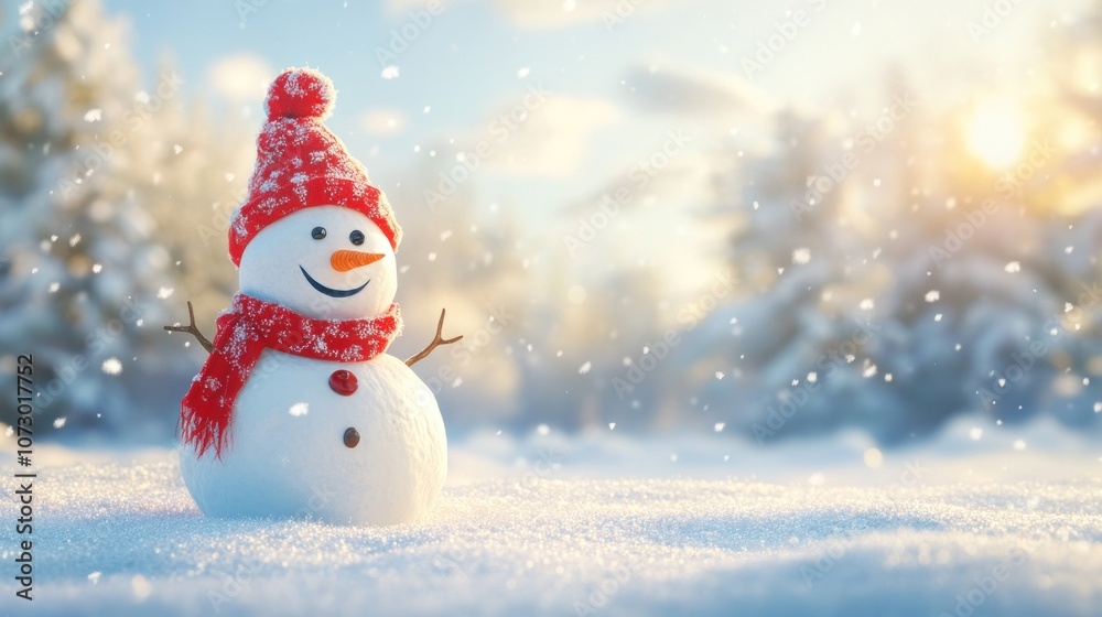 Panoramic view of happy snowman in winter secenery with copy space Panoramic view of happy snowman in winter secenery with copy space