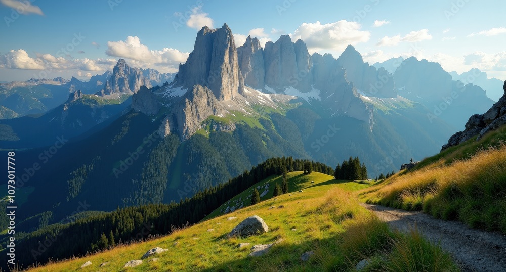 The Dolomites in Italy with rugged peaks, lush green valleys, and dramatic skies, captured under soft natural lighting, creating a stunning mountainous landscape.