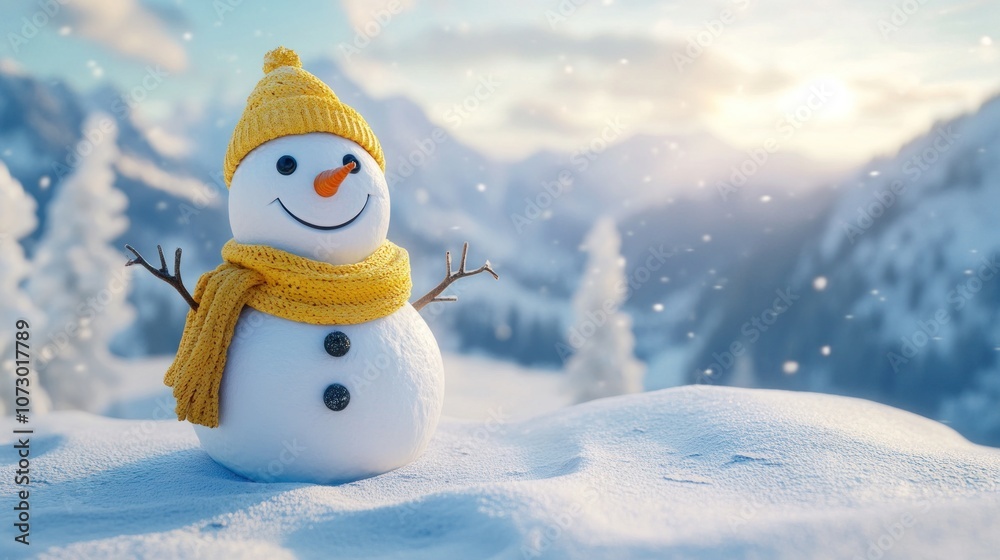 Obraz premium Panoramic view of happy snowman in winter secenery with copy space
