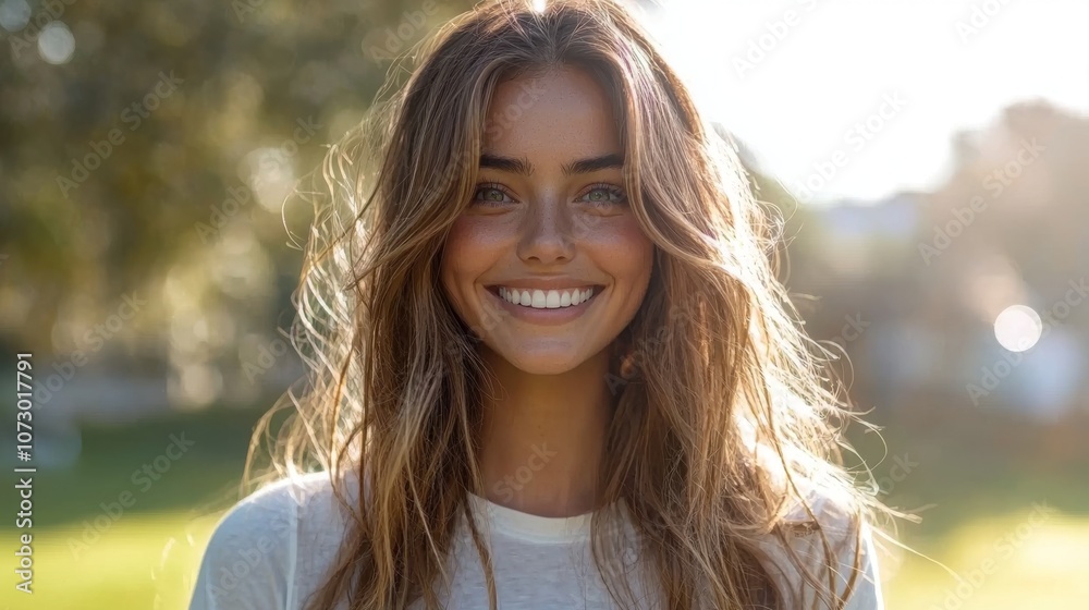 Smiling Woman with Curly Hair in Sunlit Garden for Natural Beauty Photography Smiling Woman with Curly Hair in Sunlit Garden for Natural Beauty Photography