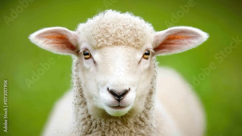 Adorable Close-Up of a Curious Lamb Gazing at the Camera with Soft Wool and Bright Eyes Against a Green Pasture Background