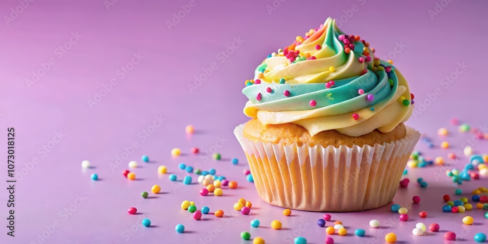 A single, colorful cupcake with a rainbow-swirled frosting and sprinkles on a soft purple background.