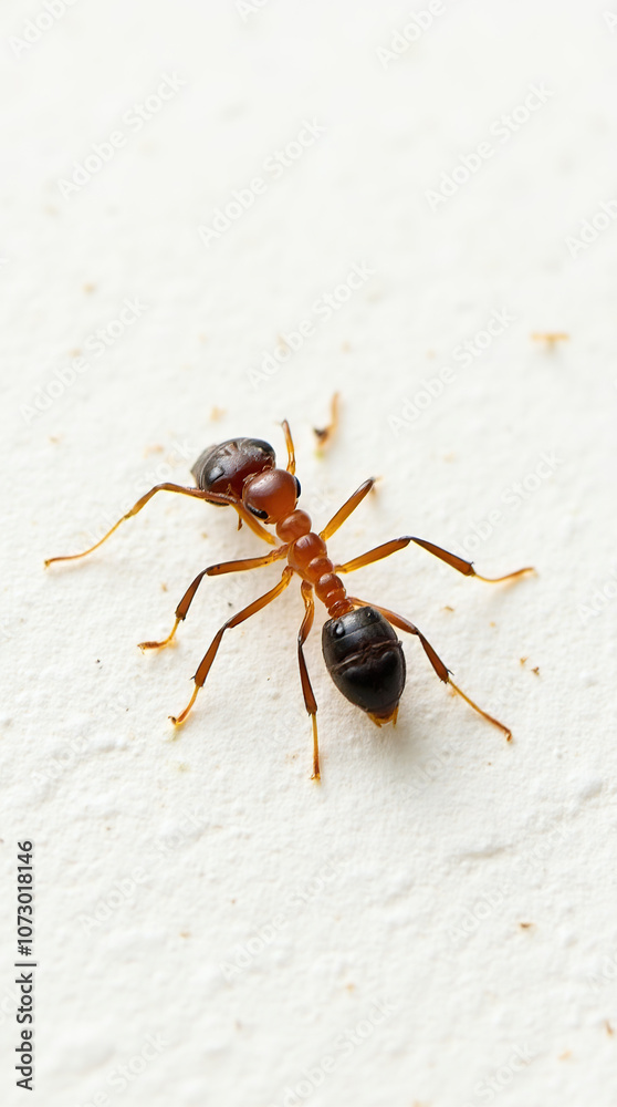 Close-up of a solitary ant on a white textured background