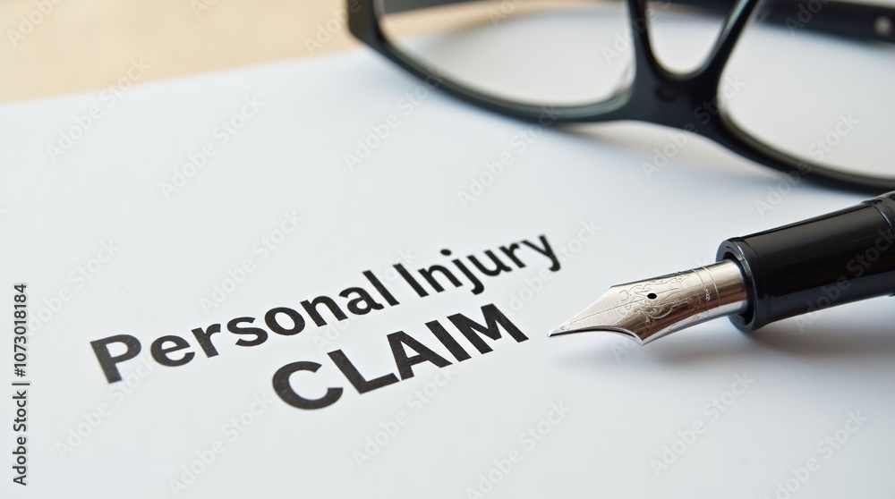 Personal injury claim document with fountain pen and eyeglasses Personal injury claim document with fountain pen and eyeglasses