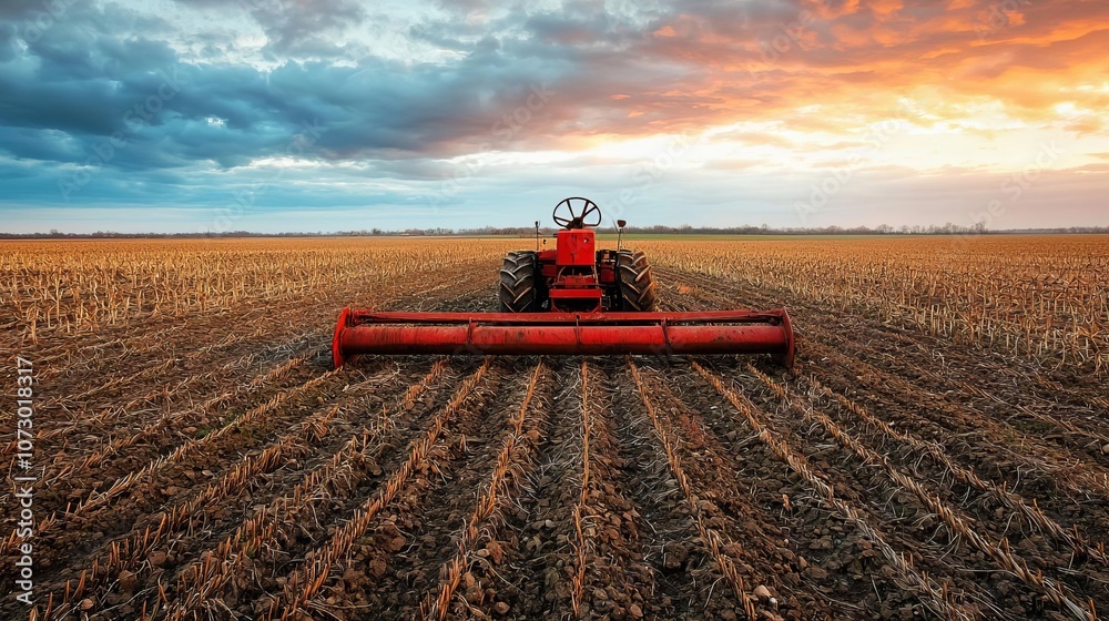 Fototapeta premium Abandoned farm fields with broken machinery, overgrown crops, rural societal collapse, moody lighting