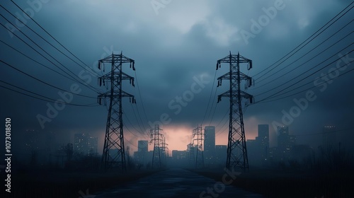 Broken power grid with dark city skyline, streetlights off, dark future vision, societal collapse imagery