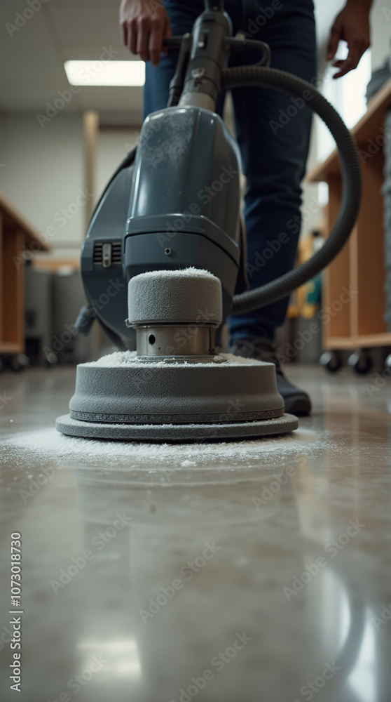 Obraz premium Close-up view of man polishing floor with machine