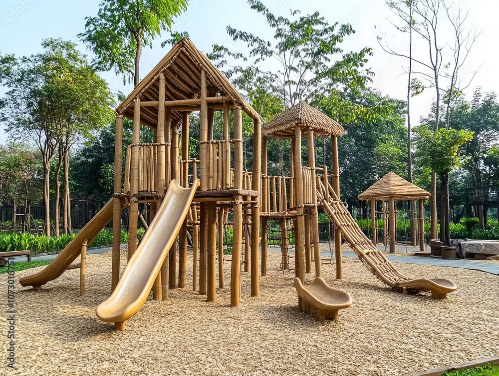 Bamboo playground equipment for kids climbing frames and slides in a park setting Bamboo playground equipment for kids climbing frames and slides in a park setting