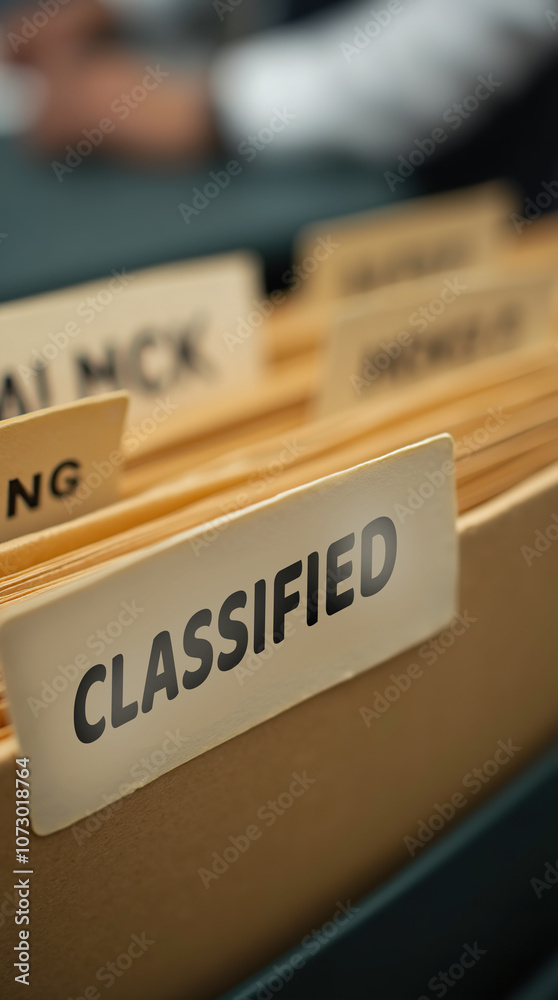 Close-up of classified file folders in an organized office setting Close-up of classified file folders in an organized office setting