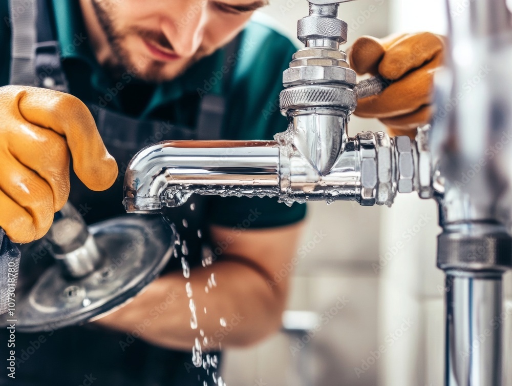 Plumber fixing bathroom sink pipe with tools and materials in a close up view of plumbing service