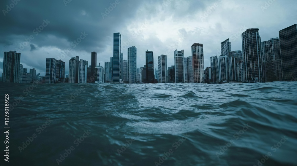 Fototapeta premium Empty coastal city with sinking buildings, dark skies, society at its end, climate catastrophe theme
