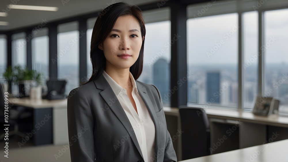 A confident businesswoman stands poised by the window of a modern office, overlooking the bustling city skyline during the day. Generative AI A confident businesswoman stands poised by the window of a modern office, overlooking the bustling city skyline during the day. Generative AI