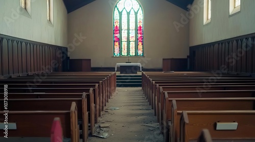 Empty church with broken stained glass, dustcovered pews, spiritual desolation, loss of societys faith