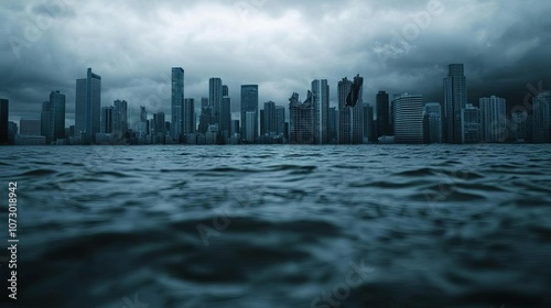 Empty coastal city with sinking buildings, dark skies, society at its end, climate catastrophe theme