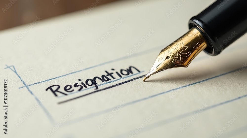 Macro view of letter of resignation with fountain pen Macro view of letter of resignation with fountain pen