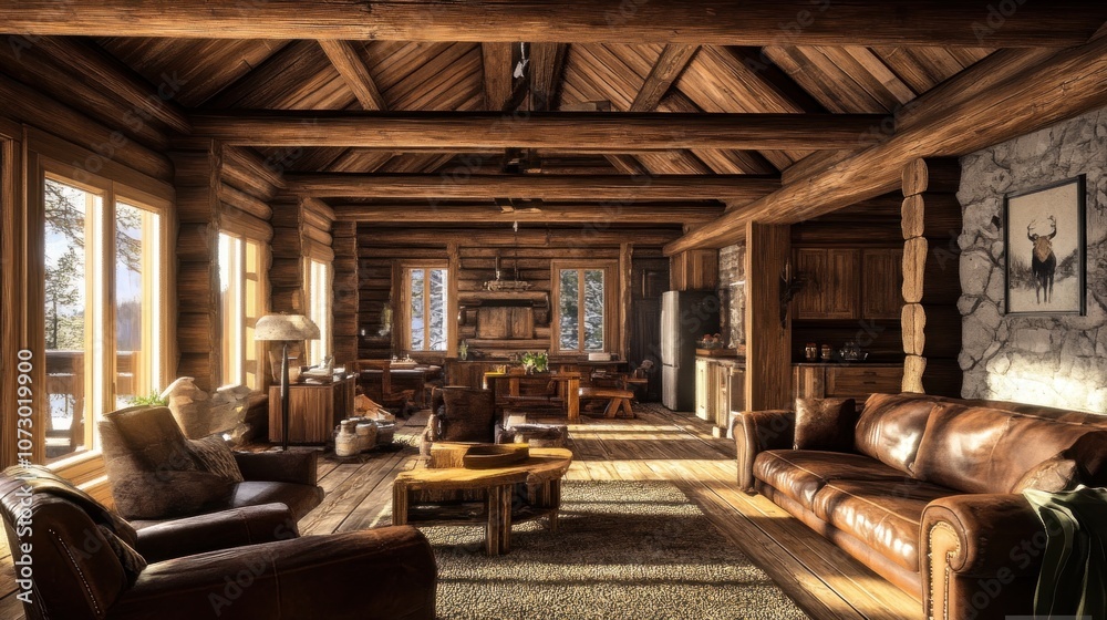Naklejka premium Cozy log cabin interior with rustic furniture, a fireplace, and large windows overlooking a snowy forest.