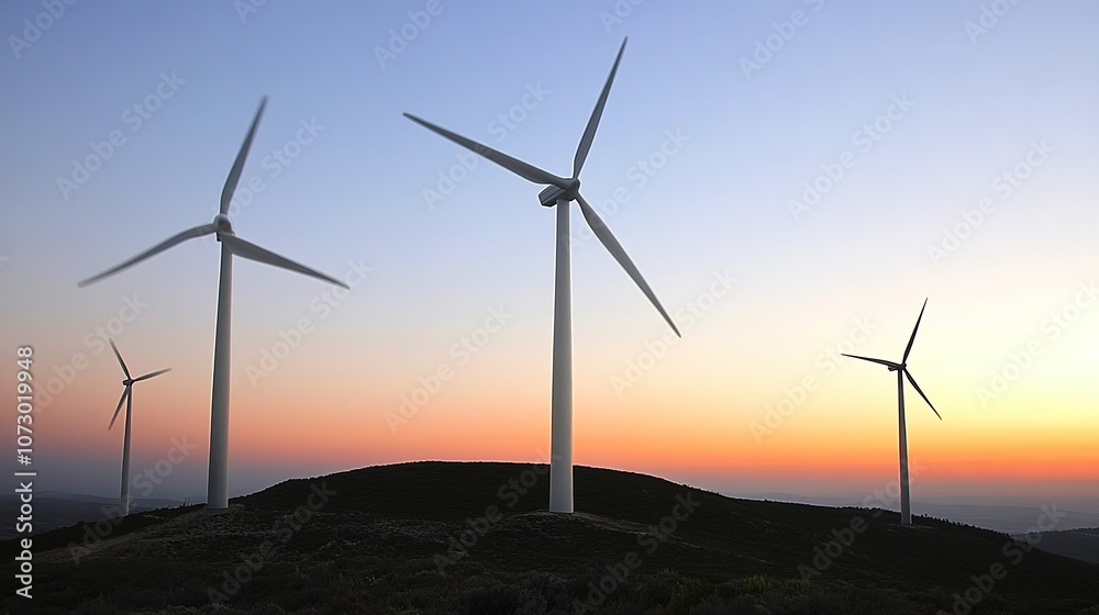 Wind turbines on hill at sunset with colorful sky Wind turbines on hill at sunset with colorful sky