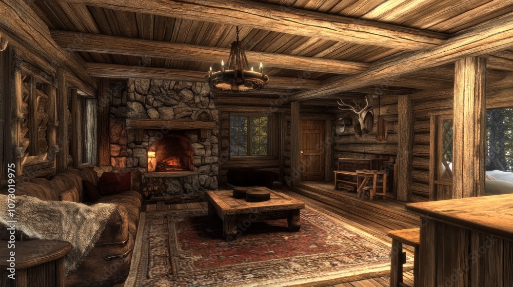 Cozy rustic living room with a fireplace, wooden beams, and a rug. Cozy rustic living room with a fireplace, wooden beams, and a rug.