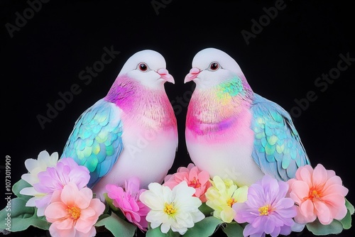 A pair of colorful doves perched on vibrant flowers illuminated by morning light photo