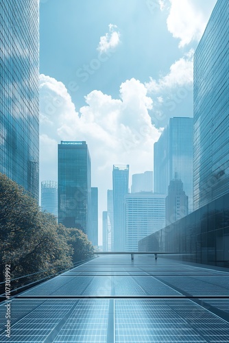 Modern cityscape with solar panels, skyscrapers under blue sky.