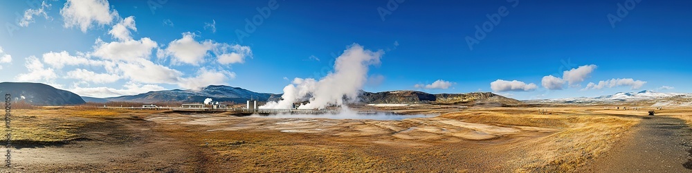 Panoramic view of geysers erupting under blue sky Panoramic view of geysers erupting under blue sky