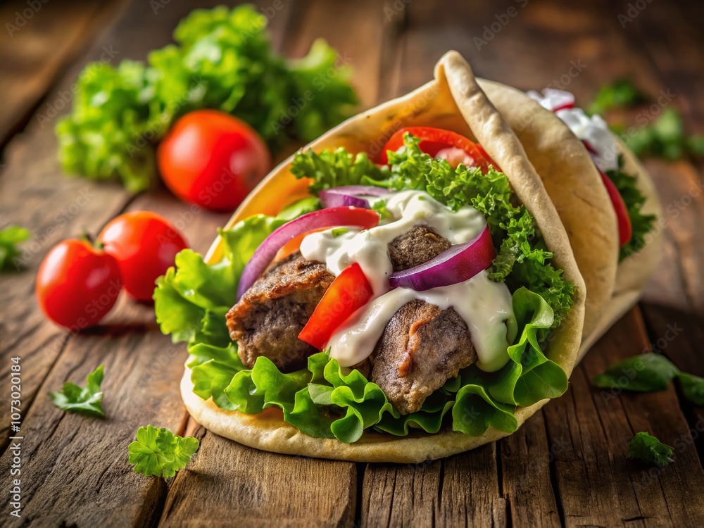 A Mouthwatering Greek Gyro with Juicy Lamb, Fresh Tzatziki Sauce, Crisp Lettuce, and Ripe Tomatoes Wrapped in Warm Pita Bread Perfect for Food Lovers and Culinary Enthusiasts A Mouthwatering Greek Gyro with Juicy Lamb, Fresh Tzatziki Sauce, Crisp Lettuce, and Ripe Tomatoes Wrapped in Warm Pita Bread Perfect for Food Lovers and Culinary Enthusiasts