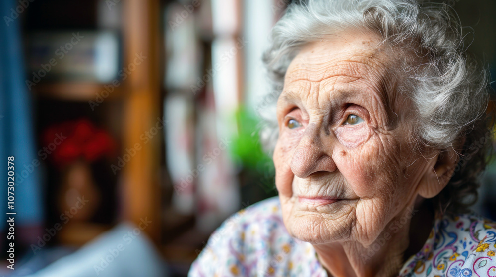 An elderly woman with curly gray hair is seated near a window, lost in thought. Sunlight gently illuminates her face as she looks outside, reflecting a sense of tranquility An elderly woman with curly gray hair is seated near a window, lost in thought. Sunlight gently illuminates her face as she looks outside, reflecting a sense of tranquility
