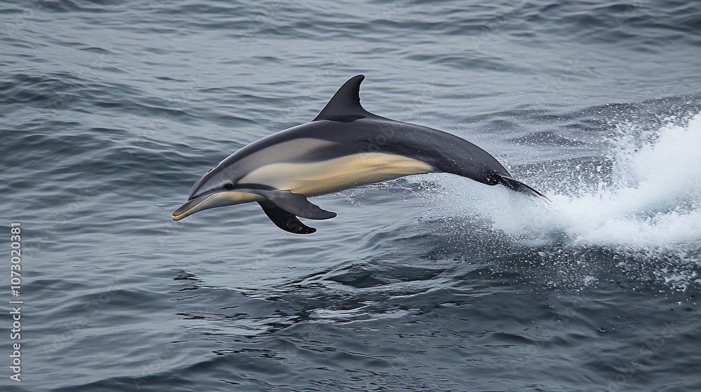 Fototapeta premium A dolphin leaps gracefully above the ocean surface, showcasing its agility and beauty.