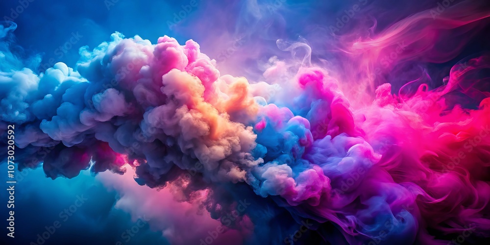 Vibrant Swirling Smoke in the Sky: A Colorful Display of Pink, Blue, and Purple Hues Creating a Dynamic Sense of Movement and Energy with Copy Space for Creative Use