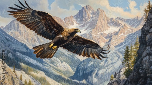 A majestic golden eagle soars through the air over snow-capped mountains with a blue sky and white clouds.