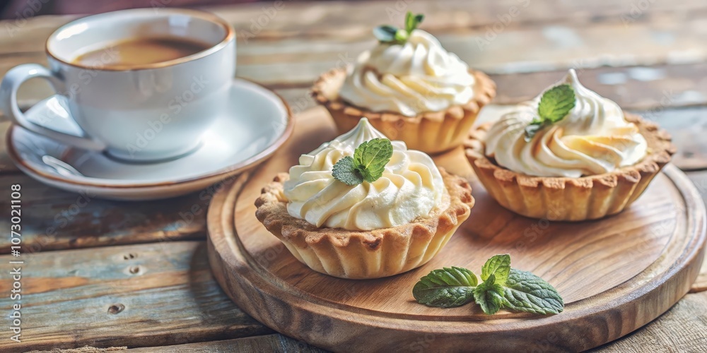 Fototapeta premium A close up of a wooden cutting board with three tarts topped with whipped cream and fresh mint, accompanied by a cup of coffee
